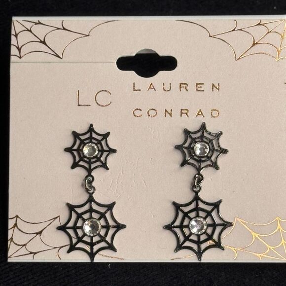 LC Lauren Conrad Black Sparkly Spiderweb Statement Earrings 1 inch - Picture 1 of 5